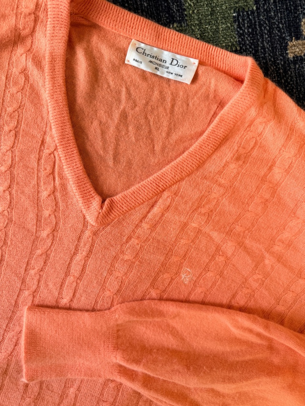 Vintage Christian Dior Cable Knit Sweater XL Peach Orange USA Luxury READ